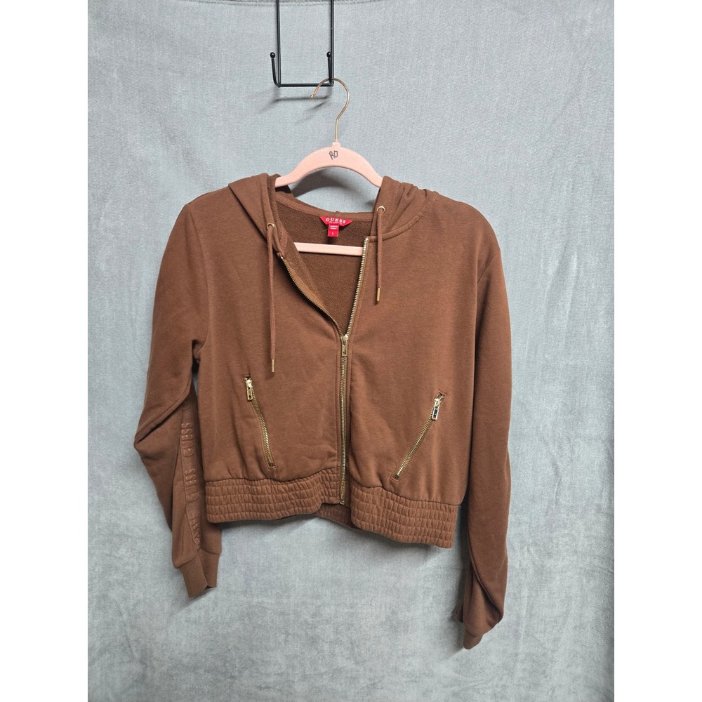 GUESS Los Angeles Women Brown Cropped Zip Up Hoodie Embossed Logo Tape Large